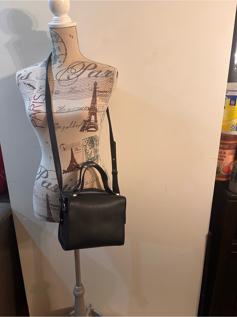 French Connection Black Structured Leather Crossbody Bag